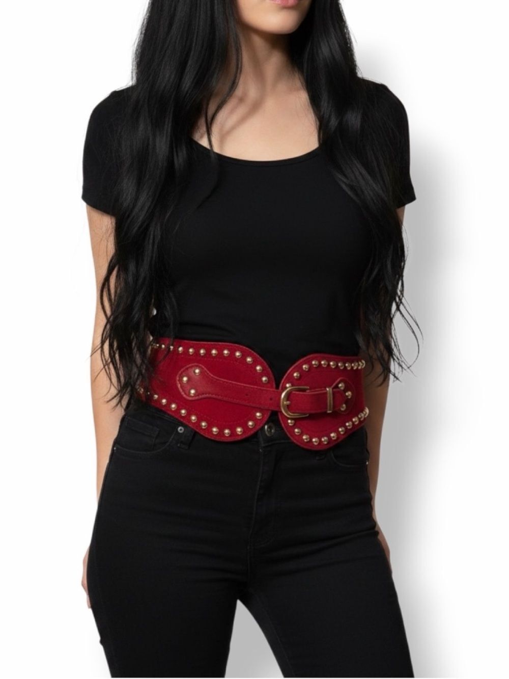 Gold Studded Dark Red Corset Waist Belt M/L 27-34” Western Gothic Boho